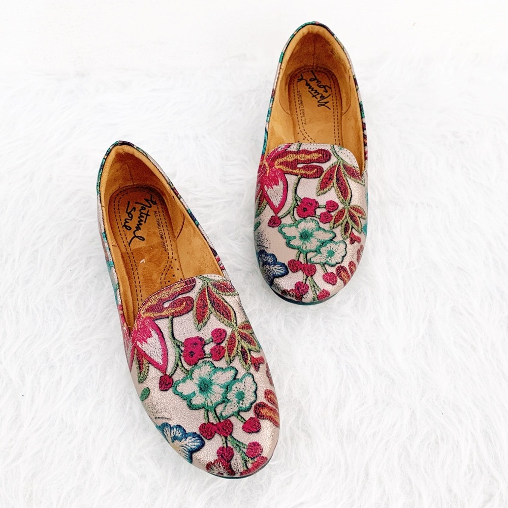 NATURAL SOUL Metallic Jacquard Floral Loafers 7.5